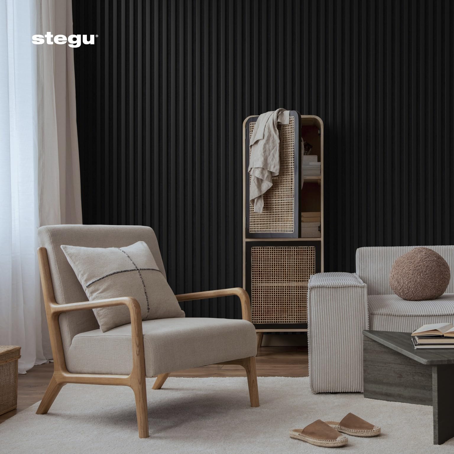 STEGU Panneau Acoustique Mural Tasseau Bois Grand Format 240x60cm Noir