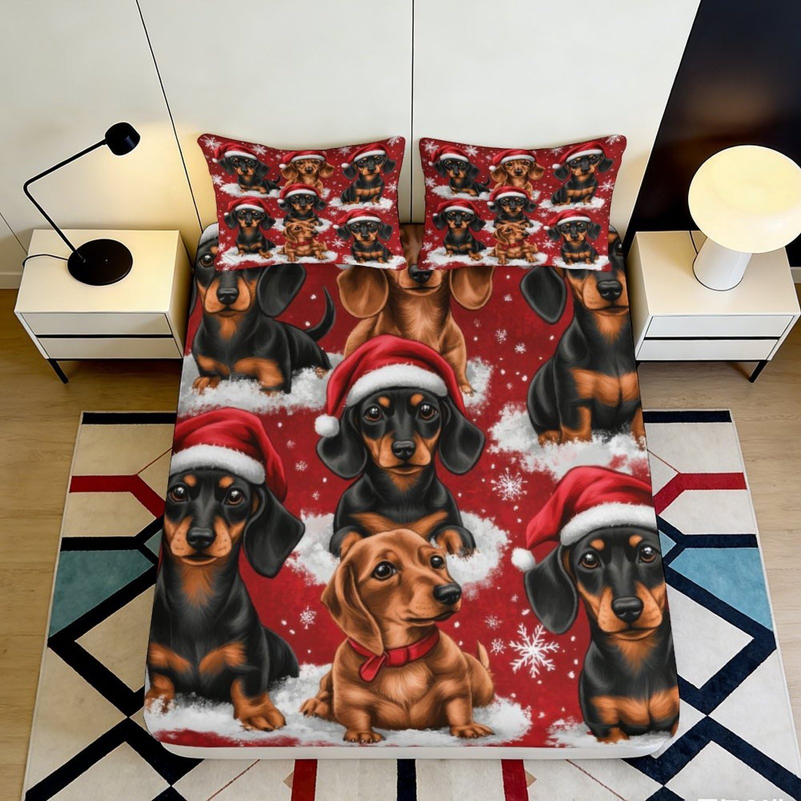 3D Printed Christmas Dachshund Fitted Sheet Microfiber Red Cartoon Dog Santa Bed Cover for Bedroom Guest Room Decor 90x200x25cm