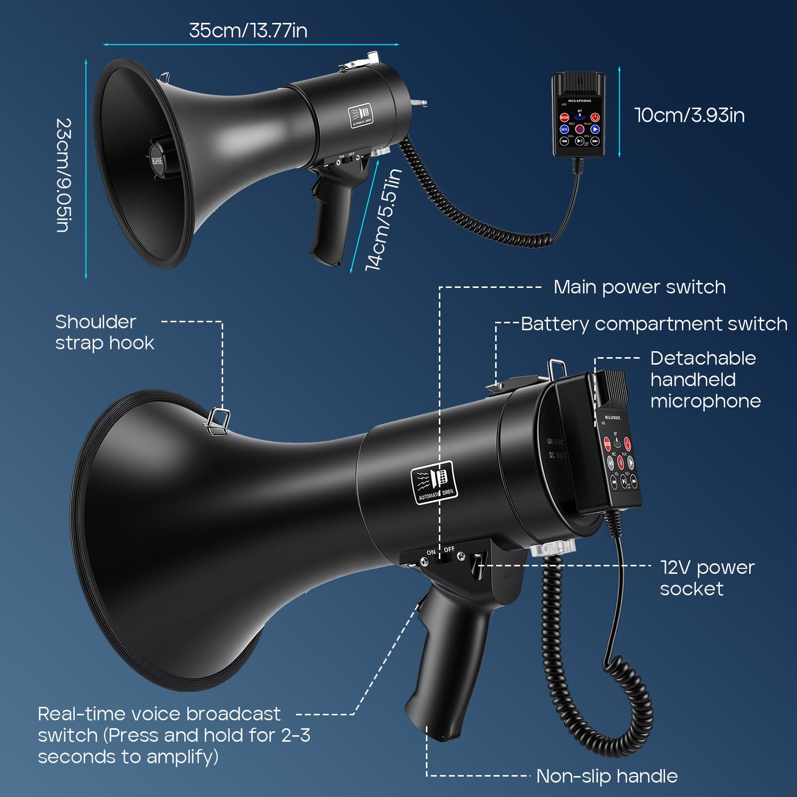 Mégaphone 150 W avec Bluetooth et fonction d'enregistrement – Mégaphone avec sirène et microphone, portée jusqu'à 2000 m, haut-parleur stéréo à 360 °, lecture USB, 3 types d'alimentation