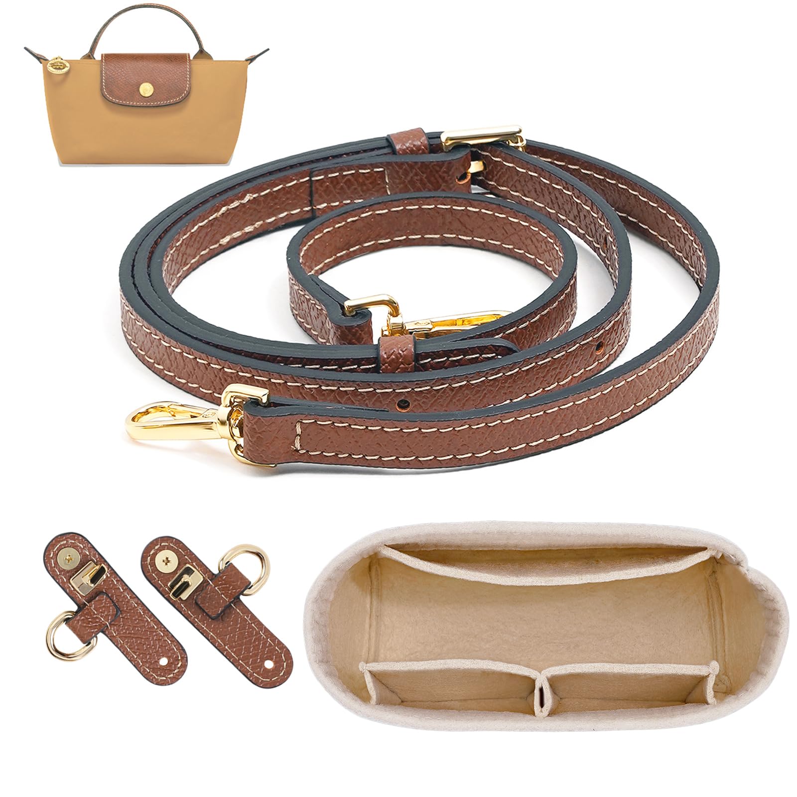 LOUKAYCCI 2 Kit Mini Bag Leather Shoulder Strap and Felt Purse Organizer Insert for Longchamp mini XS Bag Punch-Free Adjustable Buckle Strap Design（Beige & Strap）-image-33