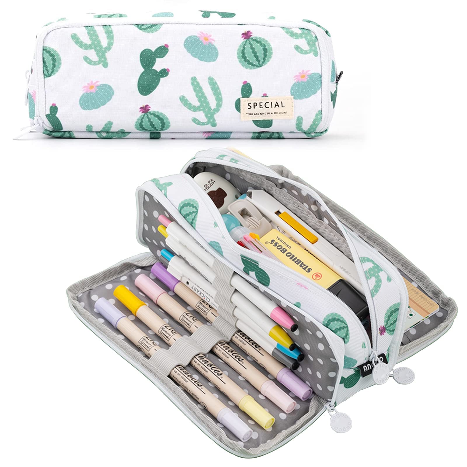 ONCCI Federmäppchen, Federtasche mit 3 Fächern Teenager Mädchen Mäppchen, Pencil Case für Schule und Büro (Ins Kaktus)