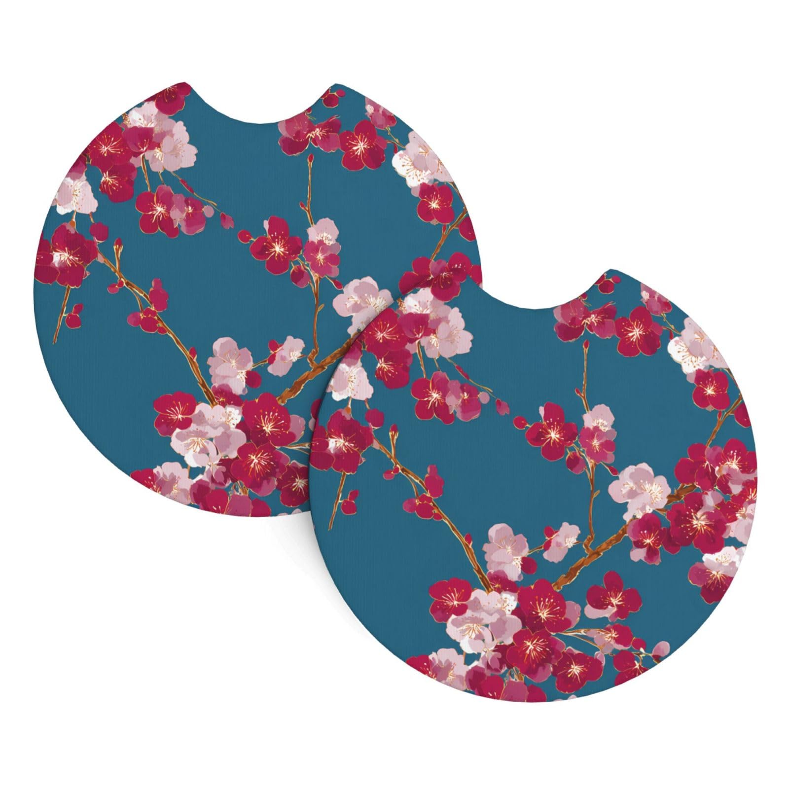 HJFCZH Cherry Blossom Printed Car Coaster Set of 2 - Waterproof Rubber Cup Holder Protectors for Cars, Trucks & SUVs