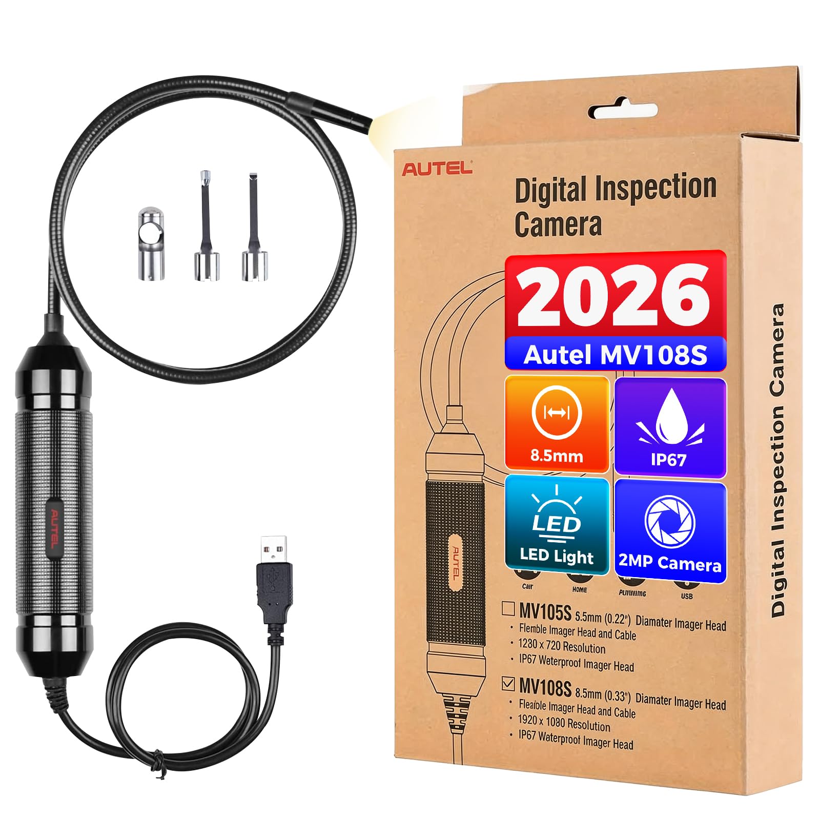 Autel MaxiVideo MV108S Digitale Inspektionskamera, 2026 Aktualisiert von MV108 MV105S, 8,5mm USB Endoskopkamera, IP67 Wasserdicht, 1920P HD Rohrkamera, 1M Flexible Kabel für Autel Kfz Werkzeug & PCs
