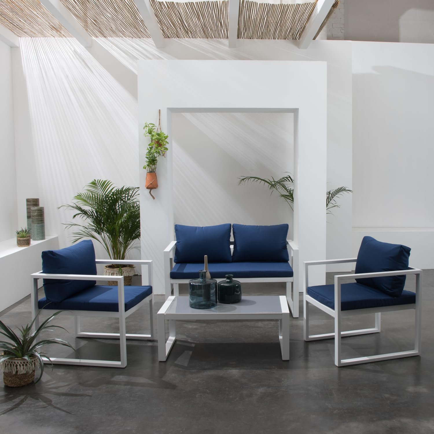 Happy Garden Salon de Jardin Ibiza en Tissu Bleu 4 Places - Aluminium Blanc
