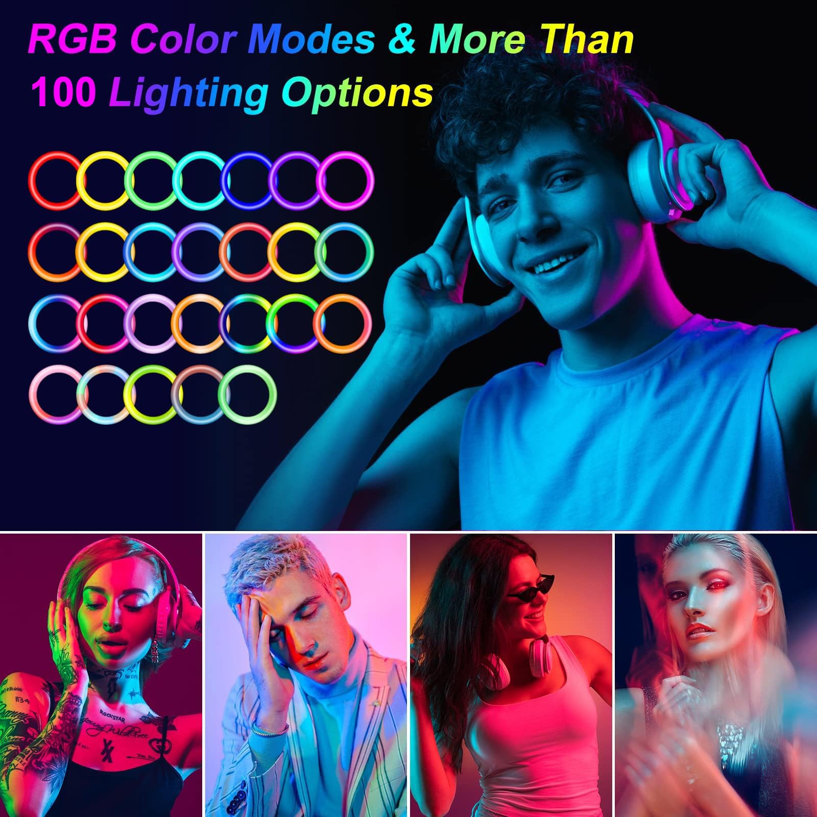 Herrfilk 13 Zoll Ringlicht mit Stativ, 1 Tablet-Clip und 2 Handyhalterungen, 3000-6000K,10 Helligkeiten, Musik modi, 100 RGB-Lichtmodi, LED Ringleuchte für Selfie,Tik Tok Vlog,YouTube, Facebook Video