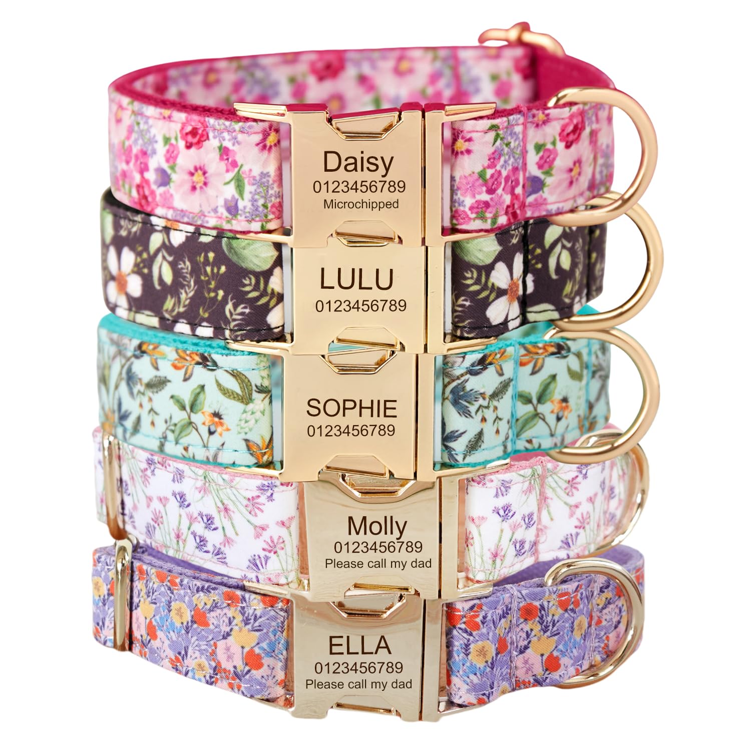 Custom Engraved Dog Collar with Name and Phone Number, Personalized for Small, Medium, and Large Dogs (Floral)
