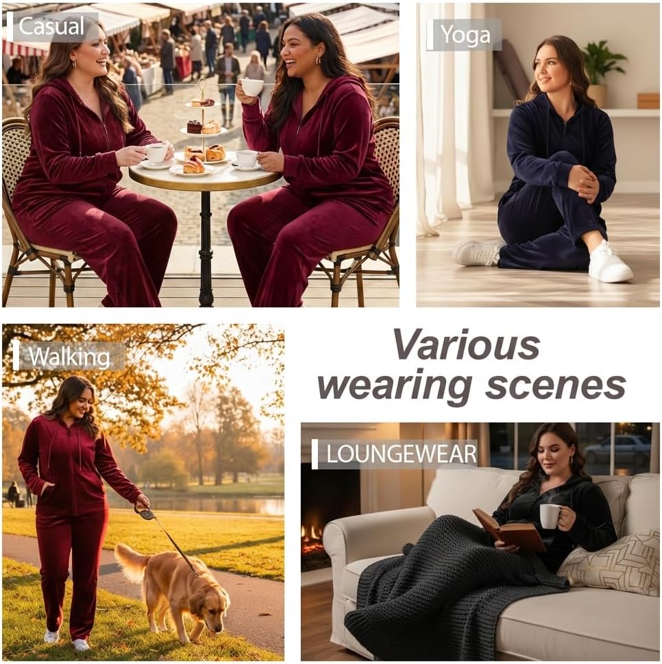 Women Plus Size Velour Tracksuit 2 Piece Set Velvet Sweatsuits Zip Up Hoodie & Straight Leg Pant Set Jogging Suit