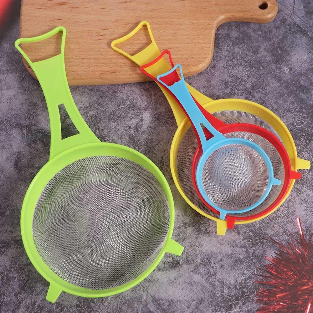 Set di 4 colini a rete fine per alimenti, latte di soia, farina, setaccio in plastica con manico lungo, multiuso per yogurt, tè, succo, zucchero, utensili da cucina
