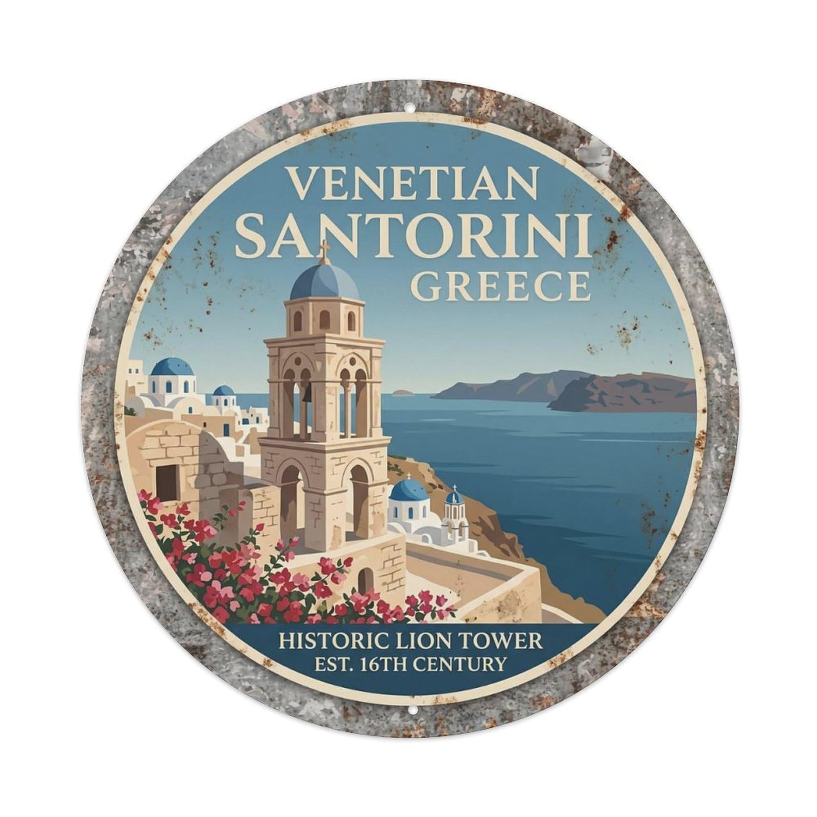 Vintage Travel Tower Santorini Venetian Metal Tin Sign