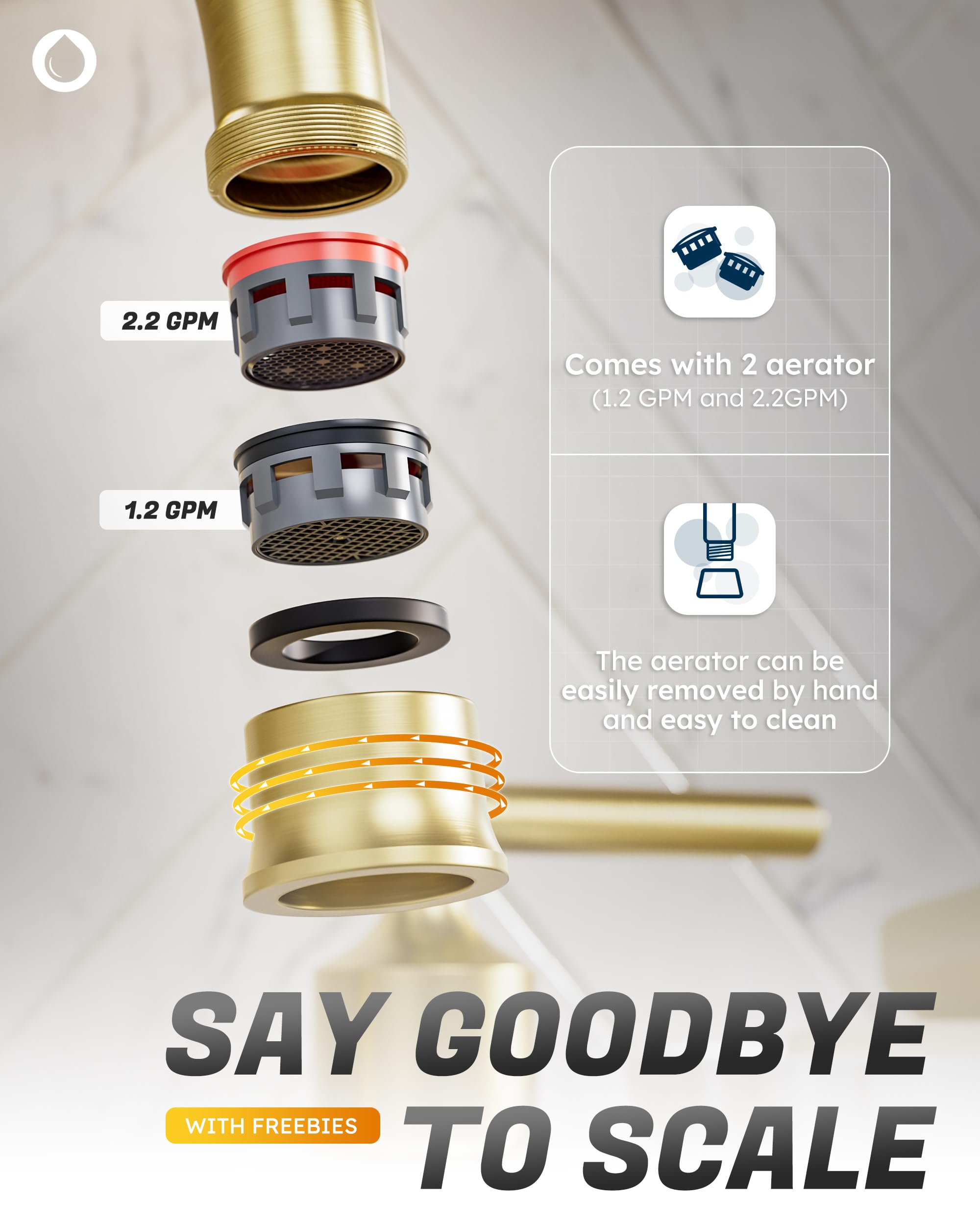 WOWOW Gold Bathroom Faucet 3 Hole Bathroom Sink Faucet Widespread Vanity Faucet 2 Handle Brass Basin Faucet with — view 5