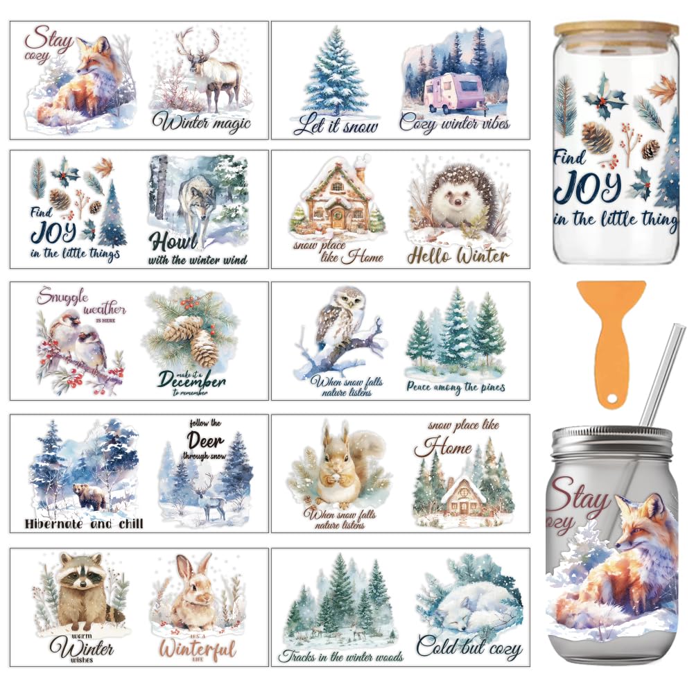arricraft 10 Sheets Winter Woodland UV DTF Cup Wrap for 16OZ Glass, Animal Snowflakes Pine Cones Holly Leaves Rub on Decals PVC Transfer Stickers for DIY Cups Wood Funiture Christmas Supplies
