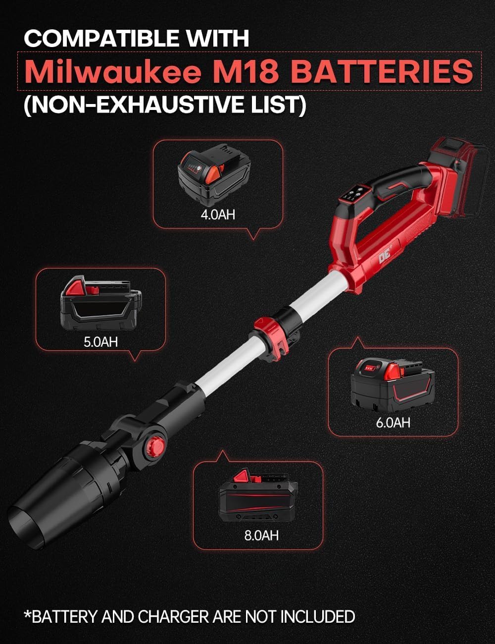 Cordless Leaf Blower for Milwaukee M18 18V Battery, 31000RPM Brushless Motor, Telescopic Pole, 650CFM/280MPH, 60° Adjustable Head & 3-Speed, Lightweight Electric Leaf Blower for Lawn Care, Wet Leaves