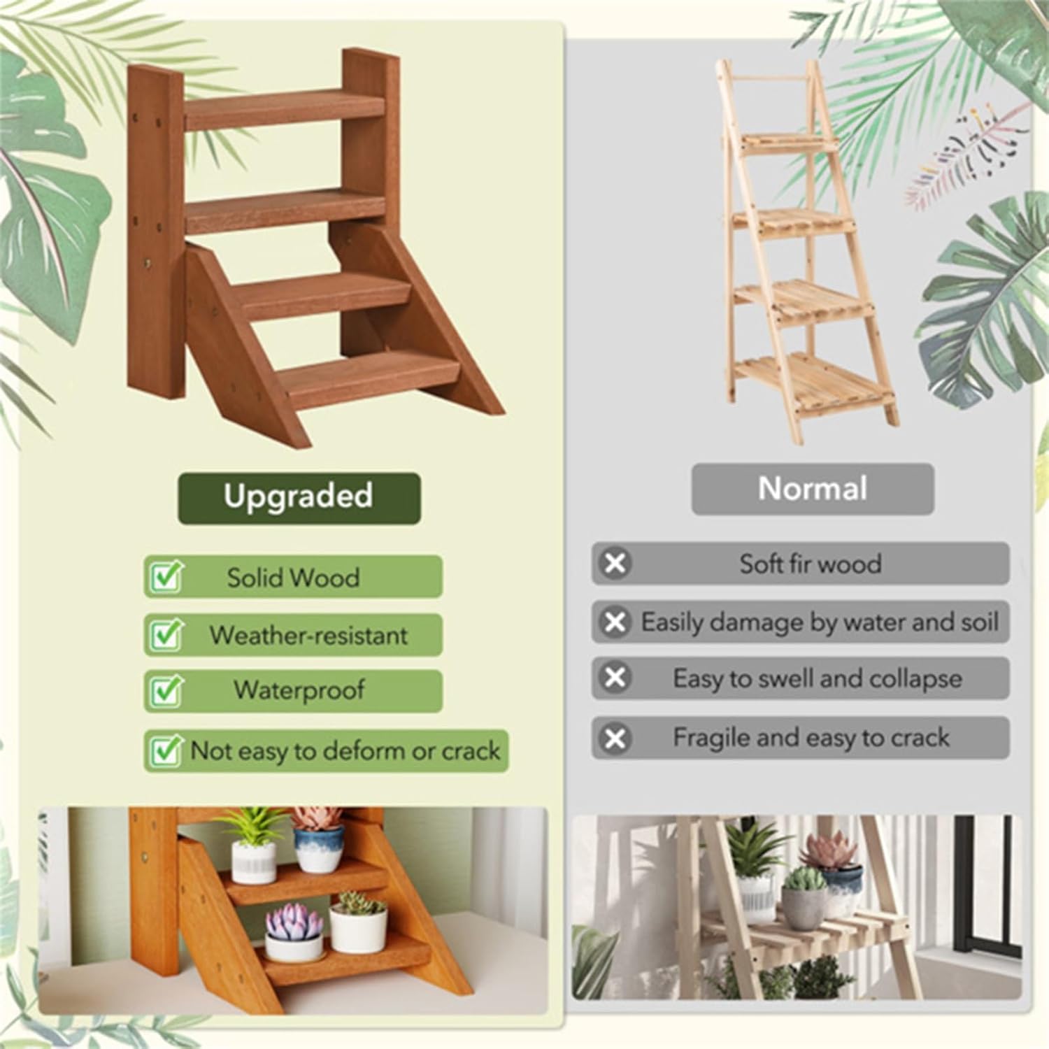 Solid Wood Plant Stand, Balcony Plant Shelf, 4-Tier Triangular Stable Ladder Flower Rack for Indoor Outdoor Home Balcony