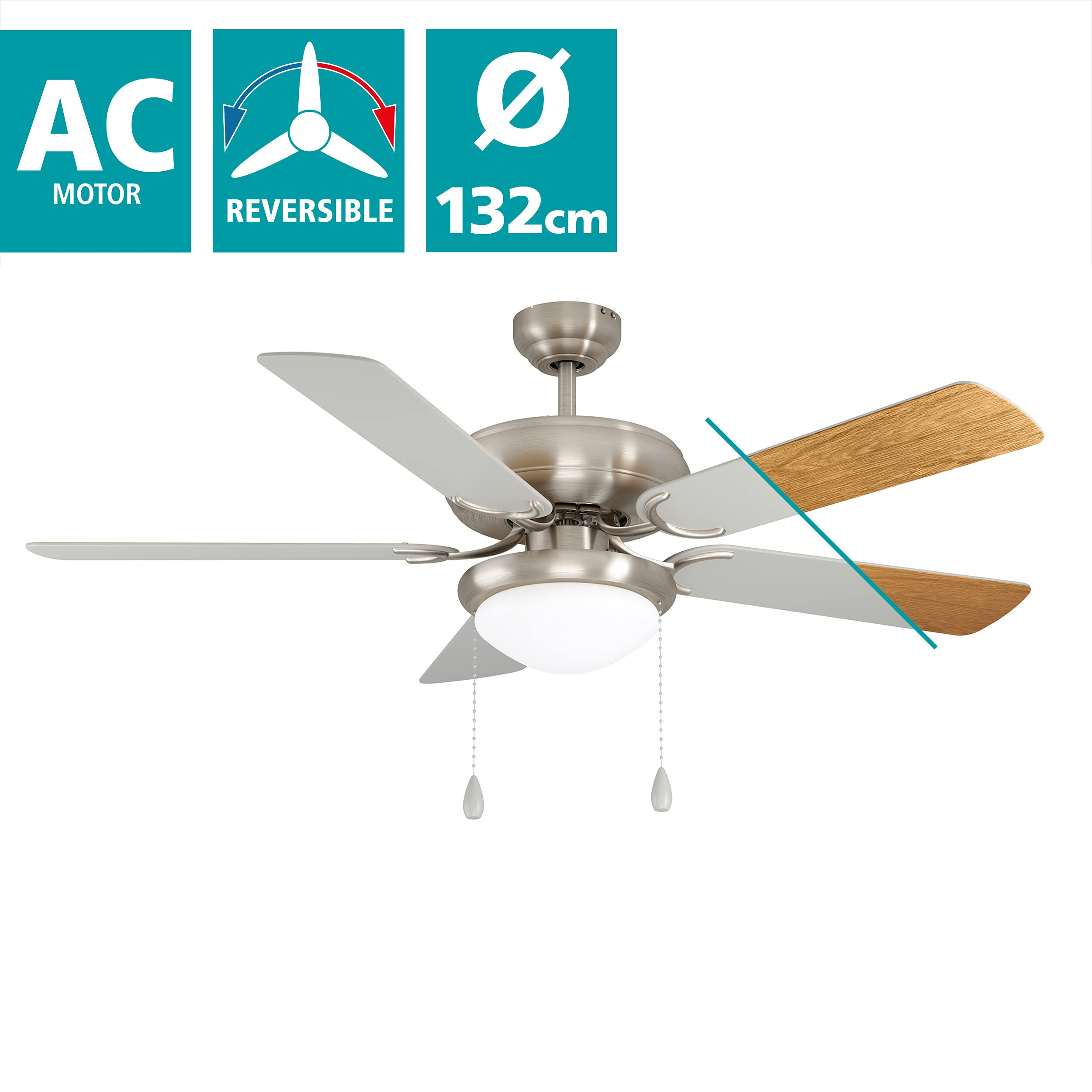 EGLO Deckenventilator BALLINA, 5 Flügel Ventilator mit Licht, Zugkette, Wendeflügel aus Schichtholz in Silber oder Eiche, Gehäuse aus Stahl in Nickel-Matt, Sommer Winter Betrieb, AC Motor, Ø 132cm | Wendeflügel aus Schichtholz in Silber oder Eiche, Gehäus