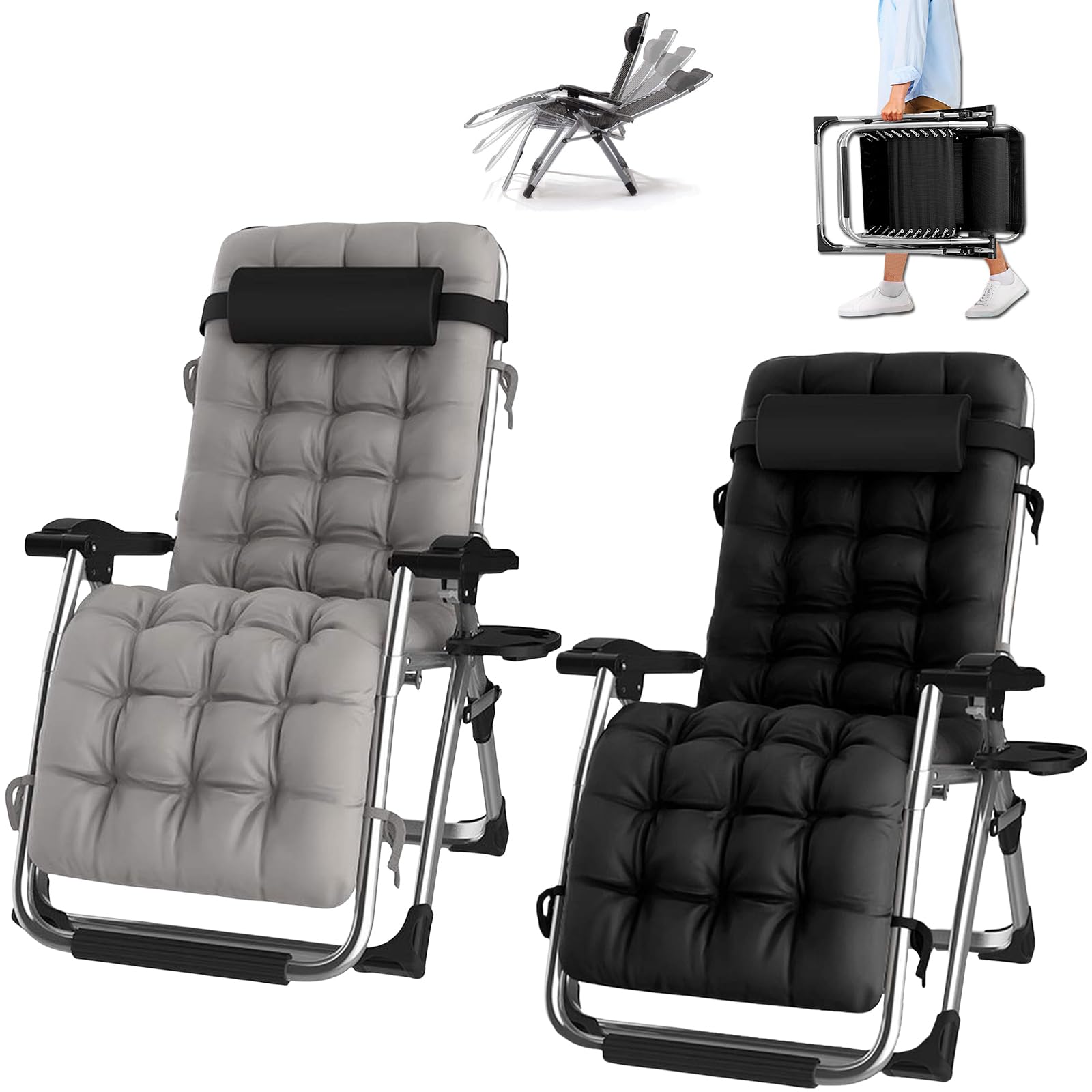 Lot de 2 Loun S réglables gris avec repose-tête et porte-gobelets pour jardin et balcon
