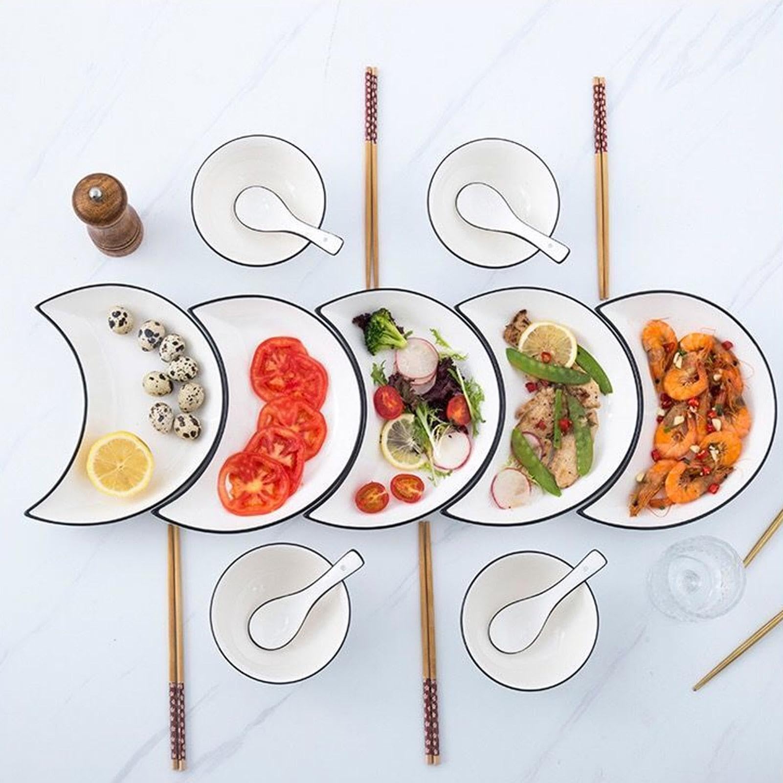 Dip-Schüssel-Set – Salatteller-Set, Dessertteller, Mondform, niedliches | Mondschale, kleines Essen, Tablett, tragbare Keramik-Servierschalen, 5er-Set für Steak, Pasta, Essgeschirr-Sets, 21 x 21 cm