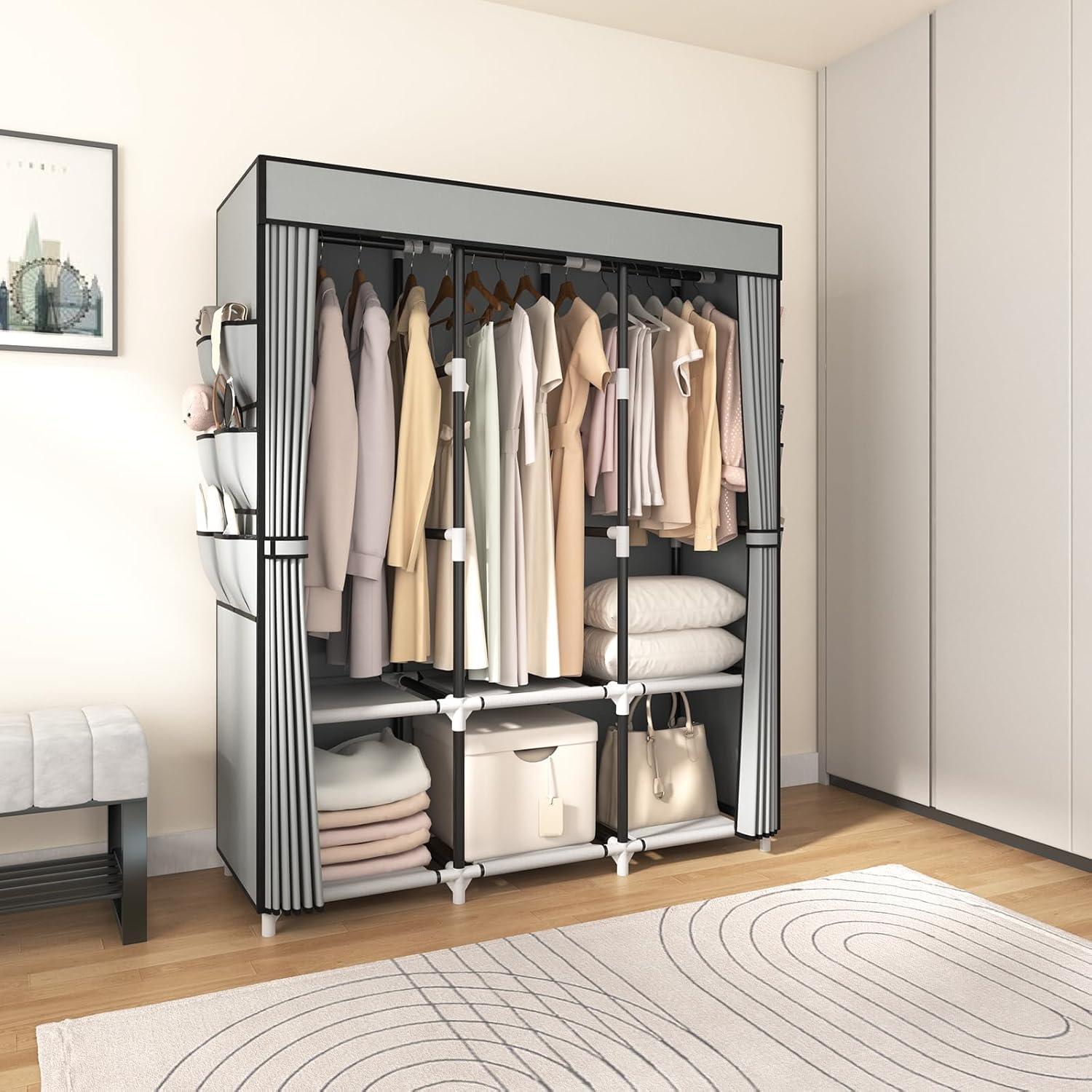 Vicye Armoire en Tissu, Wardrobe Armoire Chambre avec 3 tiges de Suspension, 6 étagères de Rangement et Poches latérales, Tube métal de 19 mm, Dressing Garde Robe Adulte pour Chambre à Coucher Gris