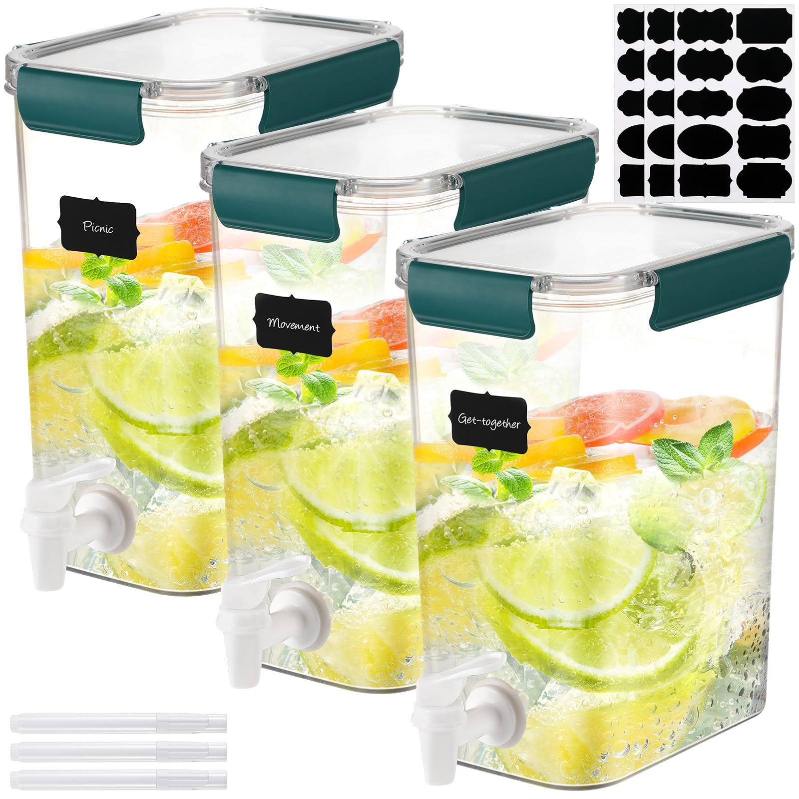 Mumufy 3 Set Plastic Drink Dispensers for Parties Beverage Dispenser for Fridge with Spigot Iced Juice Lemonade Container with Labels and Pens Summer Party Supplies(1.2 Gallon,Green)