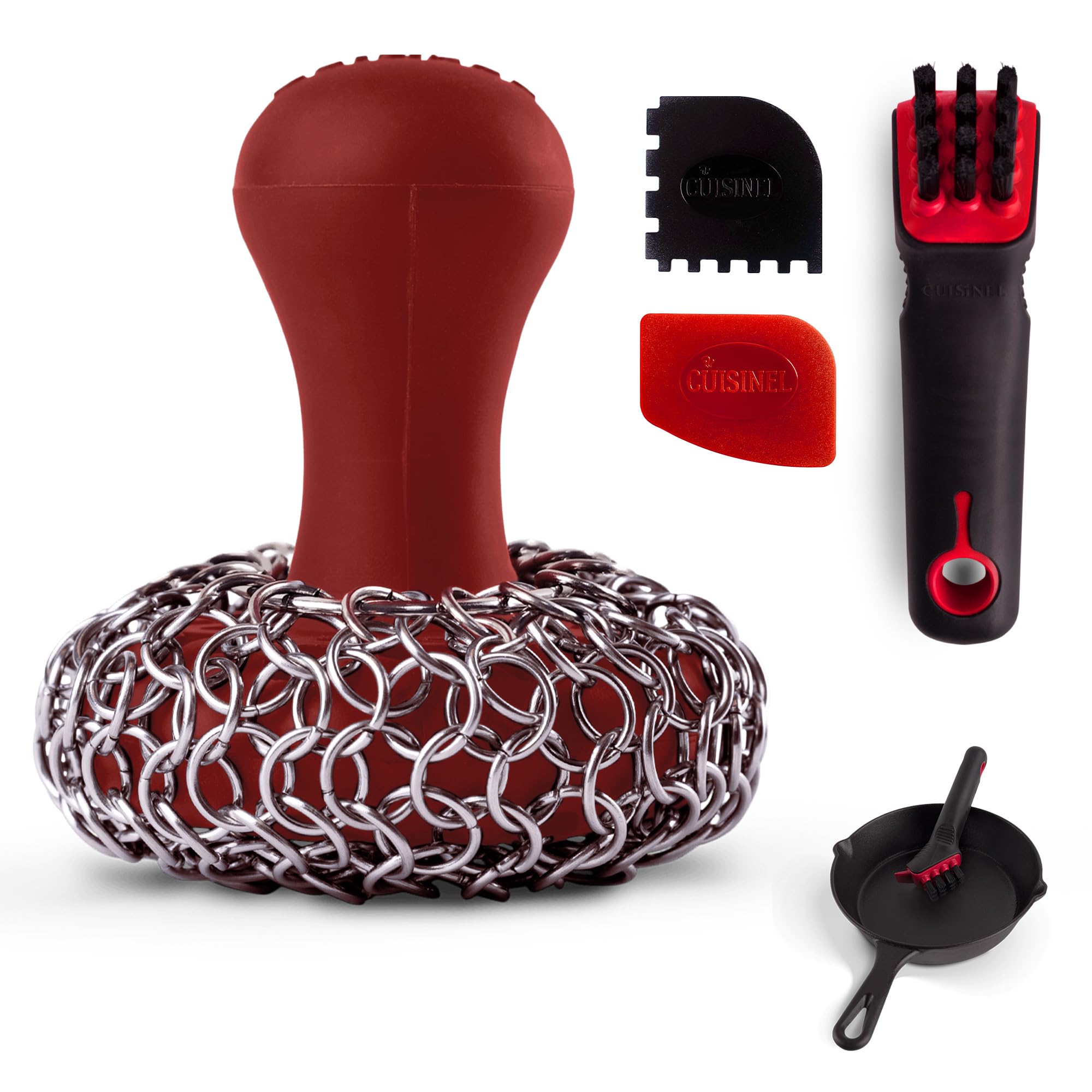 Cuisinel Cast Iron Chain Mail Scrubber + Cleaning Brush + Pan & Grill Scrapers - The Ultimate Skillet and Grill Cleaner Kit - Soft-Touch Confident-Grip Dish Scrub Tool - Silicone/Stainless Accessories