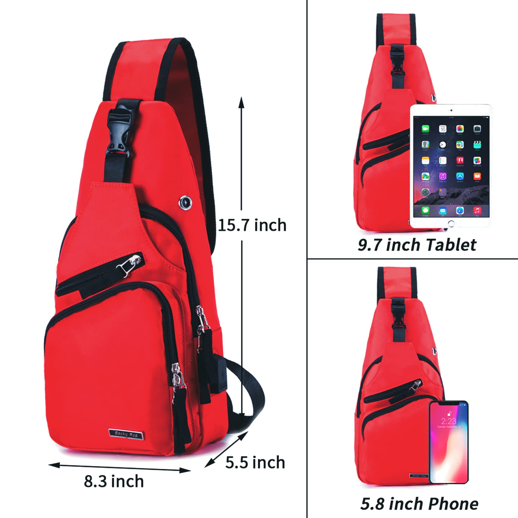 Seoky Rop Mochila bandolera de nailon resistente al agua para hombre y mujer, con puerto de carga USB, Rojo sandía, Talla única