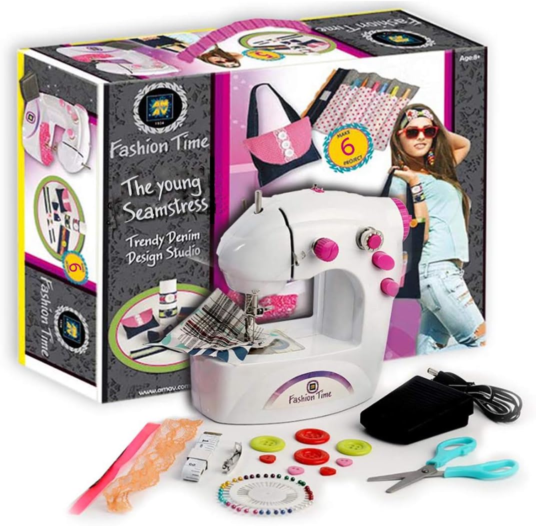 AMAV Fashion Time The Little Seamstress Denim Creations Craft Educational Sewing Kit - DIY Make Your Own Fashion, Sewing Machine Set for Girls