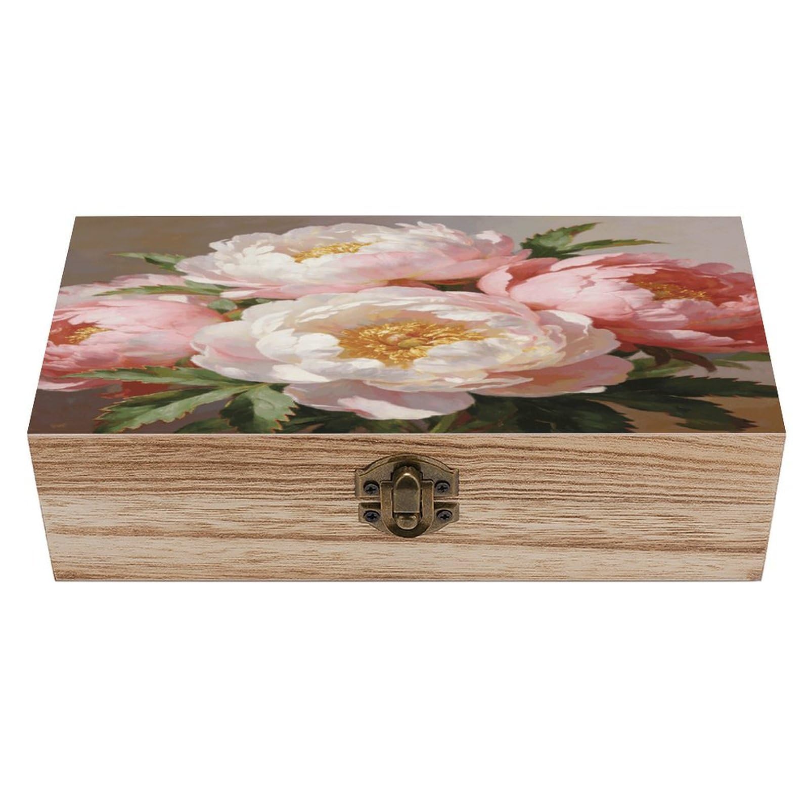 LZQPOEAS Peony Wooden Keepsake Box Wooden Storage Box Container with Hinged Lid Beautiful Wood Memory Box Decorative Jewelry Case for Crafts Art Hobbies & Trinket Storage