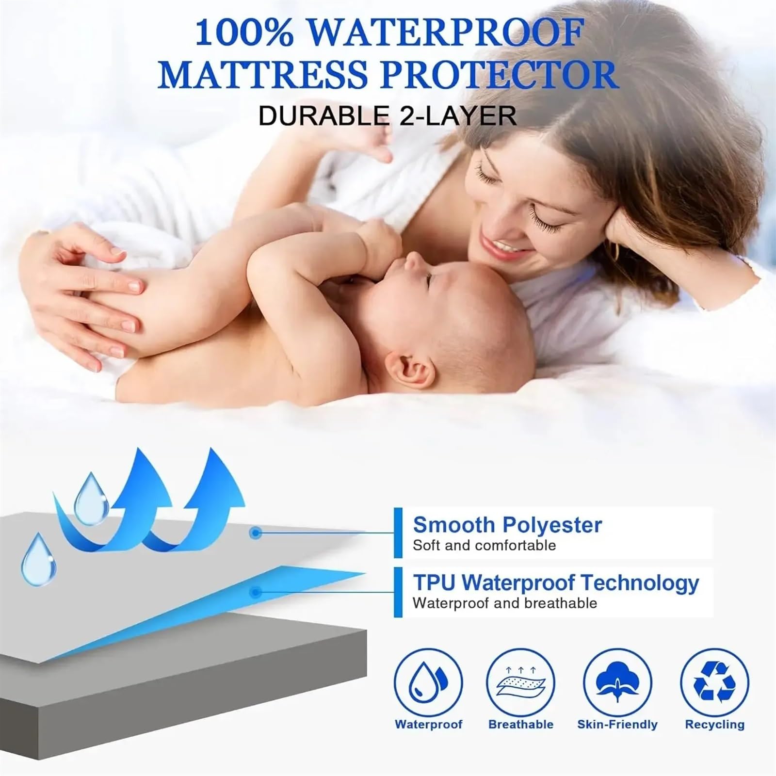 Wasserdichter Matratzenbezug Sicherer, wasserdichter Matratzenschoner, weich, bequem, atmungsaktiv, einfarbig, Matratzenbezug, maschinenwaschbar(Black,180x200x30cm)