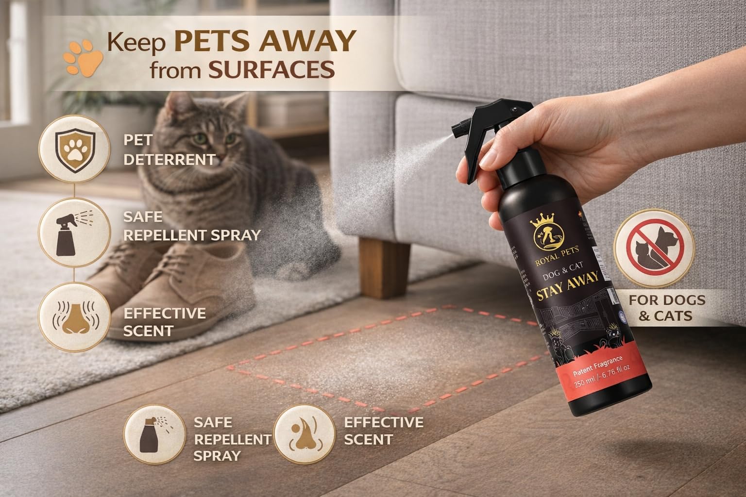 Royal Pets Stay Away Spray Cat Repellent Spray Stray Dog Repellent Spray 250ML Pack of 1 | Car Protection from Dog | Solution to Keep Dogs, Cats, Puppy, and Kitten Away from Vehicle and Car 1