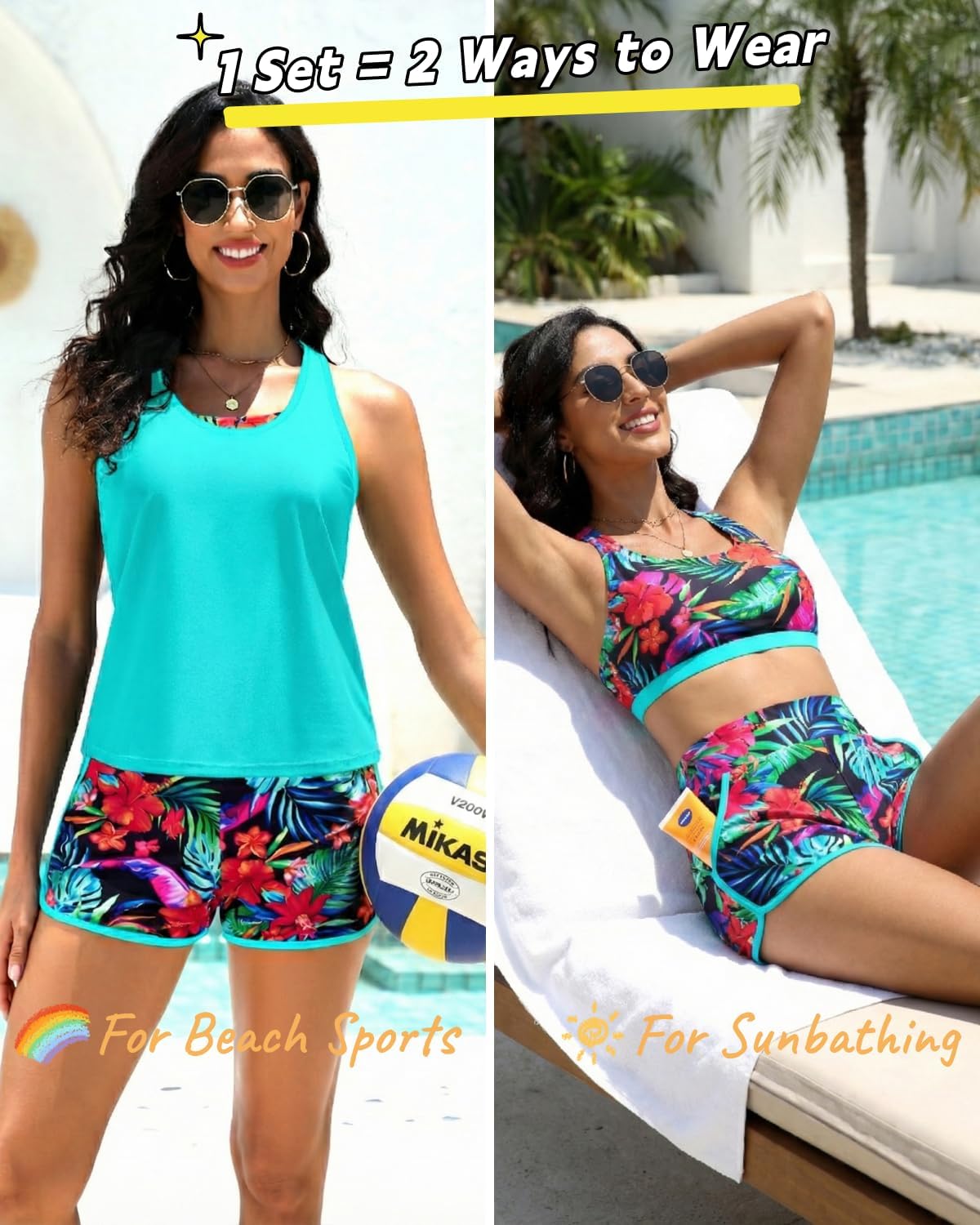 3 Piece Tankini with Shorts - Modest Swimsuit Tummy Control Bathing Suits Athletic Sports Swimwear with Pockets - Image 4