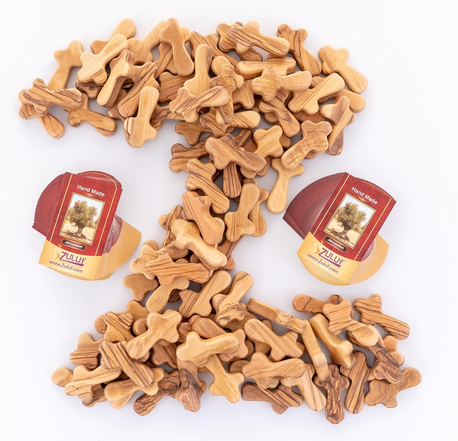 Zuluf 100 Small Olive Wood Comfort Crosses from Bethlehem Israel | Pocket Holding Crosses | Comes With 100 Holy Land Certificates 6cm / 2.5 Inch Each Cross - CRS301