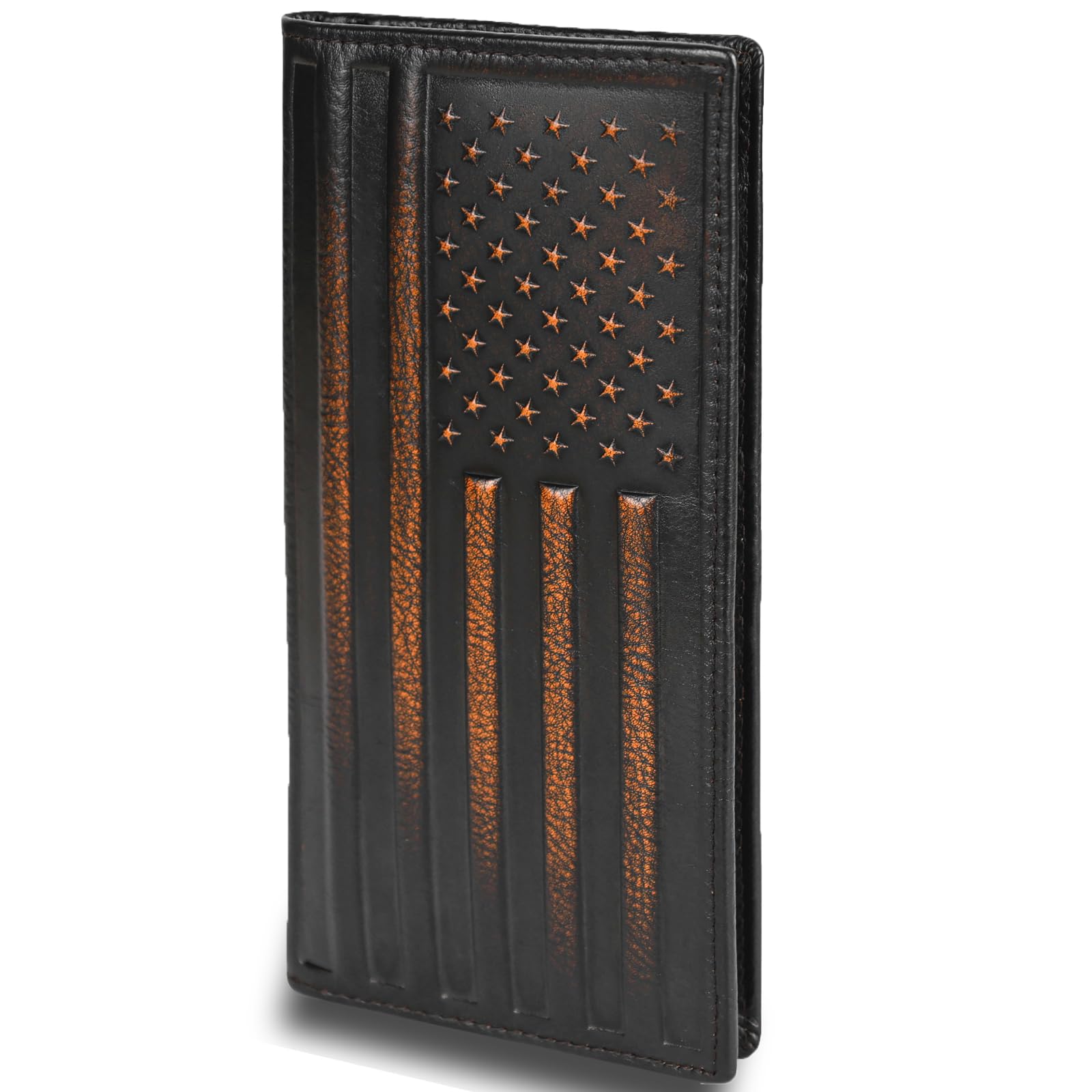 USA Flag Long Wallet For Men Full Grain Leather with Hand Burnished Rfid Blocking Rodeo Wallet Bifold Wallet American Flag Wallet