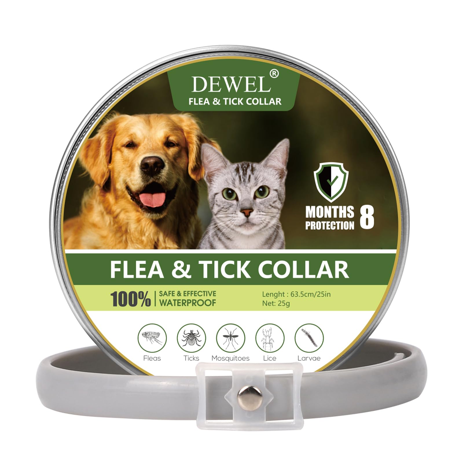 DEWEL 63,5cm Zeckenhalsband für Hunde Katze, Verstellbar Hund und Katze Flohhalsband, Wasserdicht Anti-Zecken und Flöhe