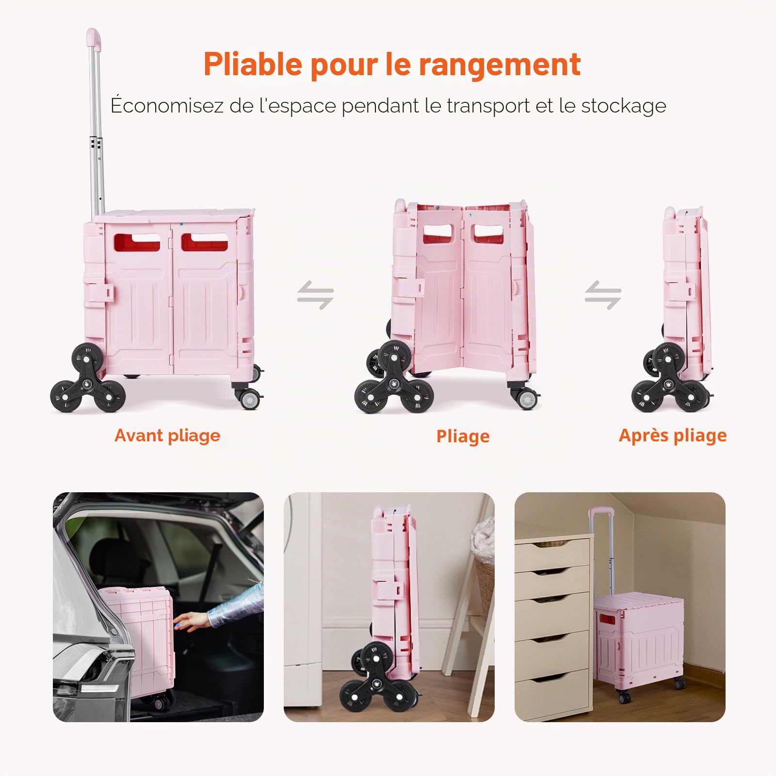 VEVOR Chariot de Courses Pliable, 65 L, Chariot Monte Escalier avec Poignée Réglable Télescopique, Couvercle, Roues à Rotation 360°, pour Shopping, Bureau, Déménagement, Transport, Extérieur, Rose