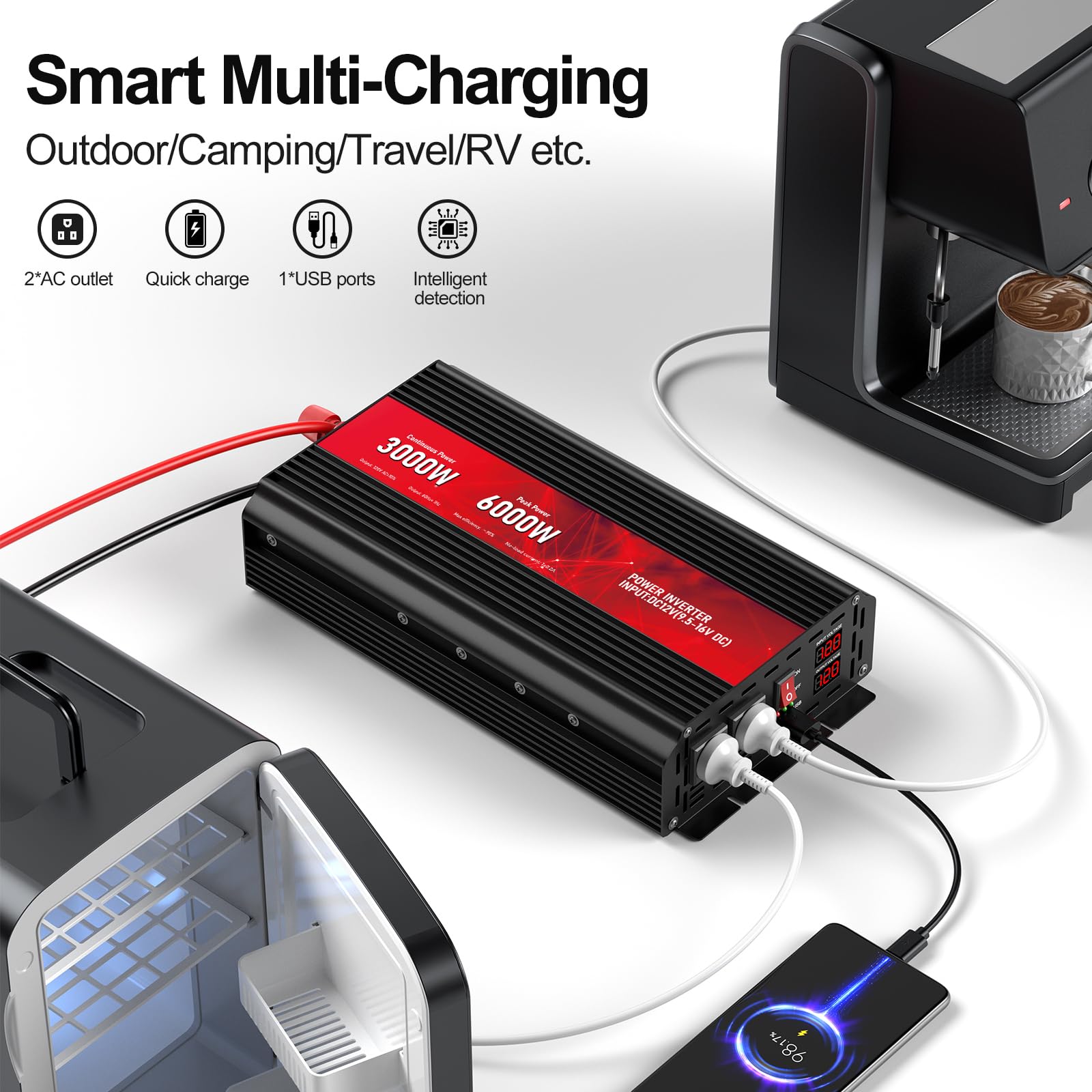 Leistungswandler 3000W DC 12V auf AC 110V 120V Maximale Leistung 6000W mit 2AC Ausgängen und USB 2.4 Port, LCD Anzeige Auto Wechselrichter für Outdoor Aktivit ten