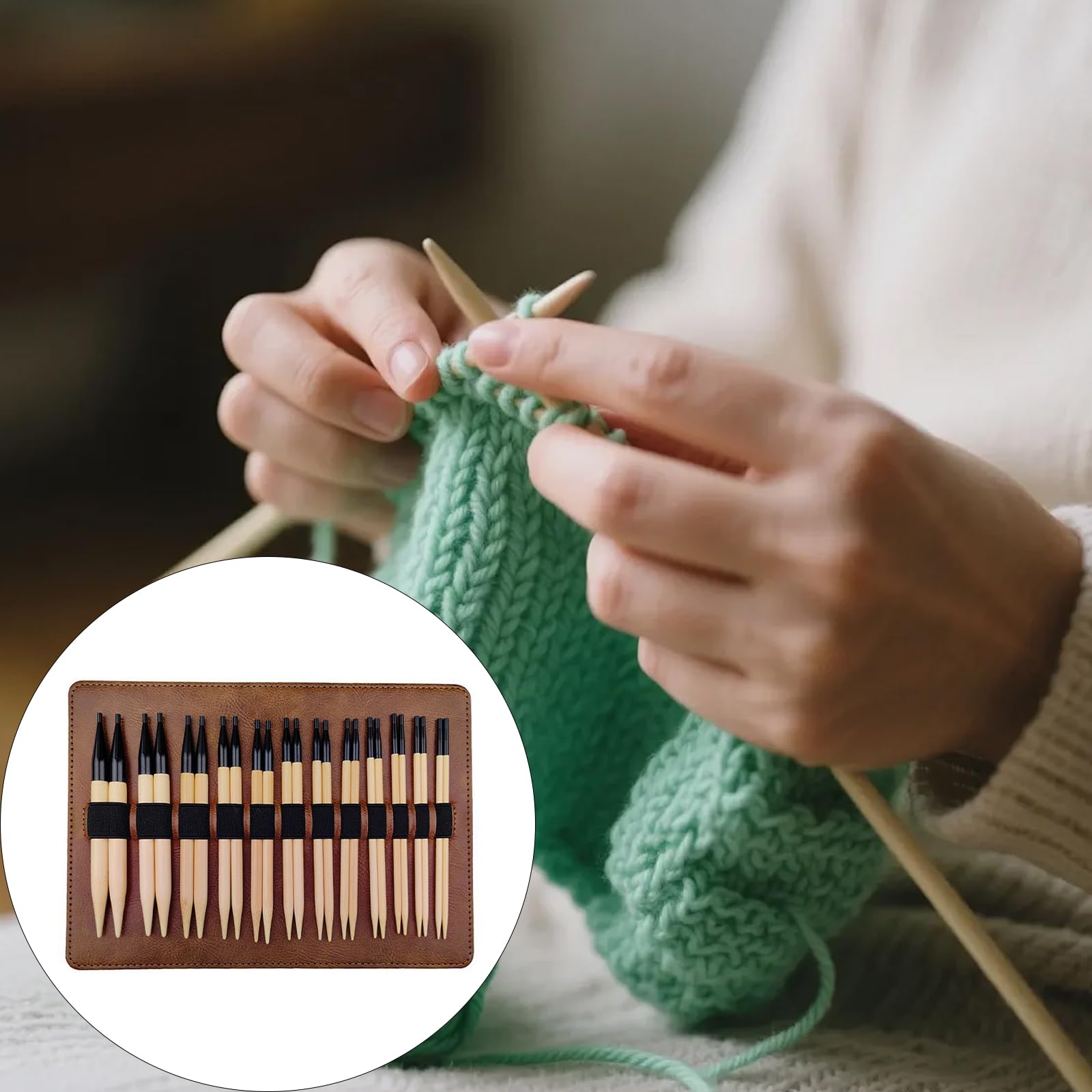 12 Pares de Agujas de Tejer de Madera, Juego de Agujas de Tejer Circulares Intercambiables de 3, 5-10mm con Bolsa de Almacenamiento para suéteres, Bufandas, tamaño