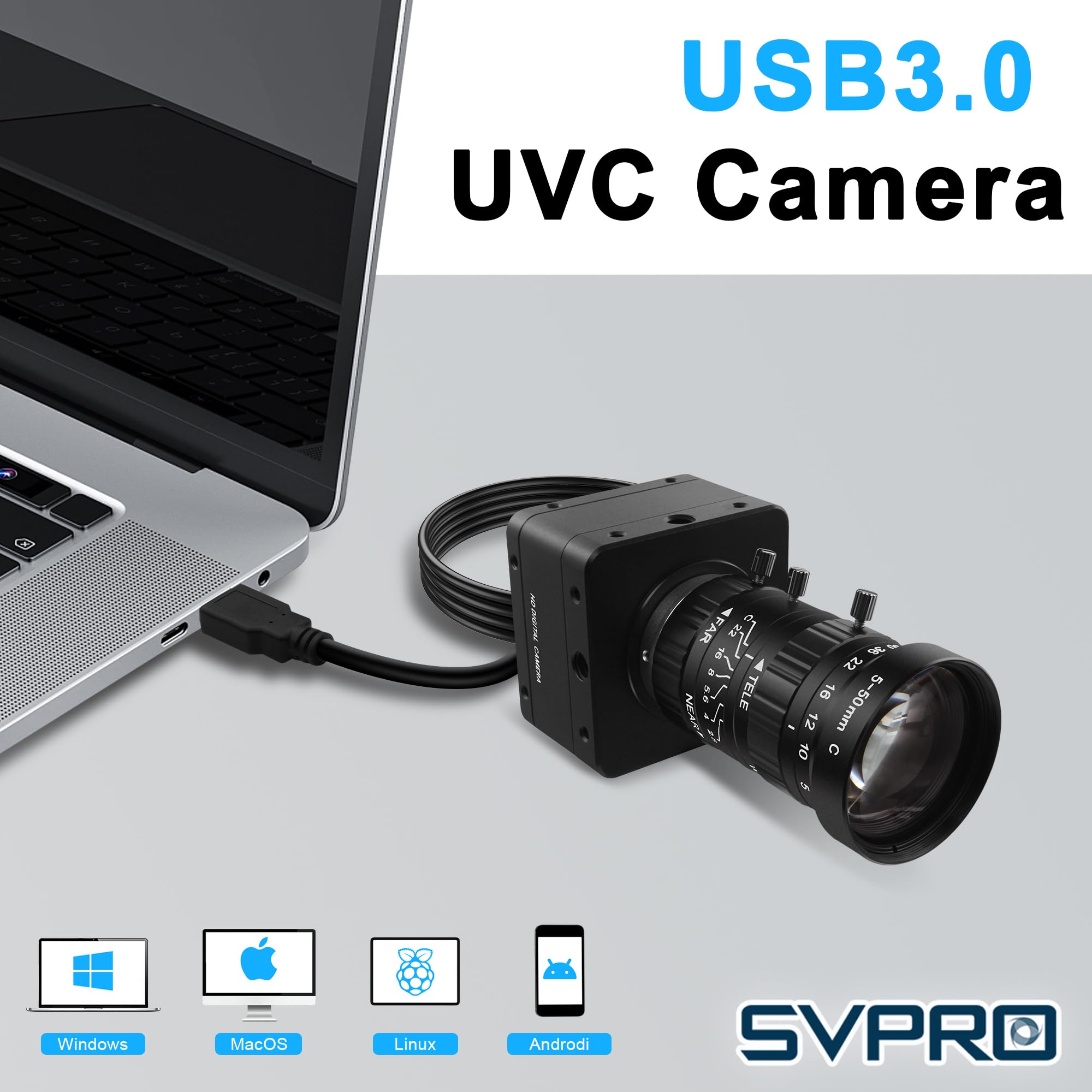 Svpro Fotocamera USB 3.0 da 20 MP, webcam ultra HD 5K con messa a fuoco manuale e obiettivo CS Mount da 5-50 mm, zoom ottico 10x, AR2020, fotocamera UVC ad alta risoluzione per computer e laptop