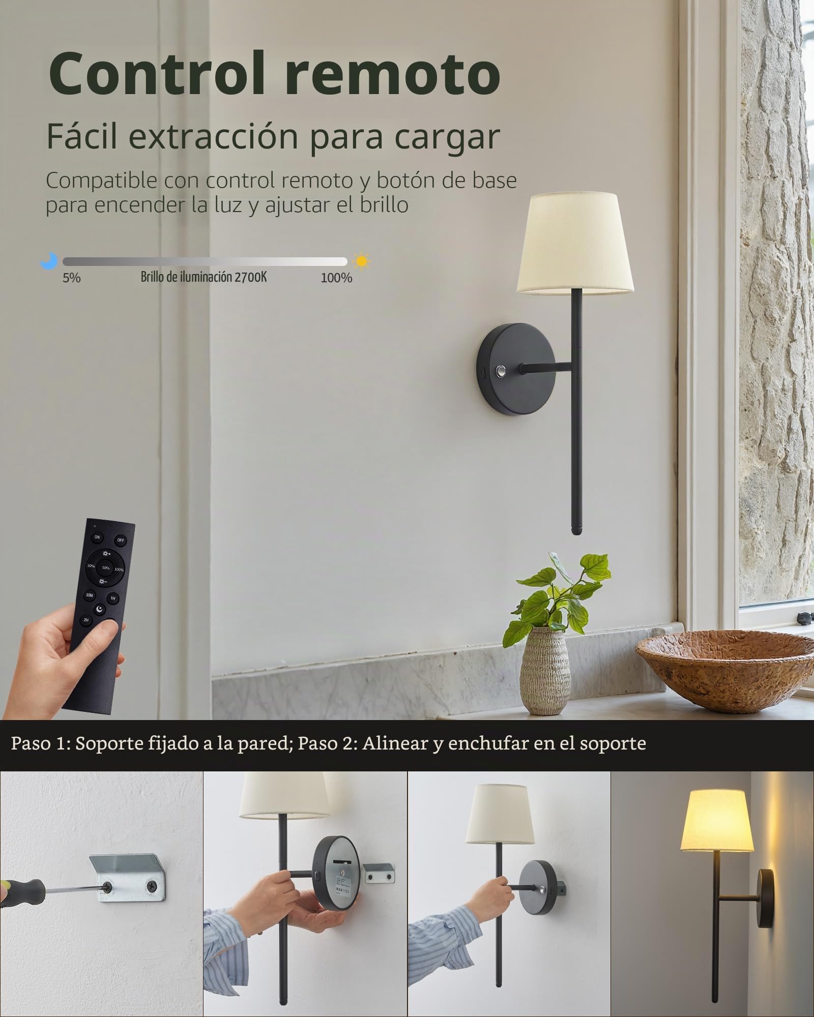 Juego de 2 apliques de pared inalámbricos recargables, alimentados por batería, 5200 mAh, regulables, apliques de pared inalámbricos con mando a distancia, aplique de pared con pantalla de