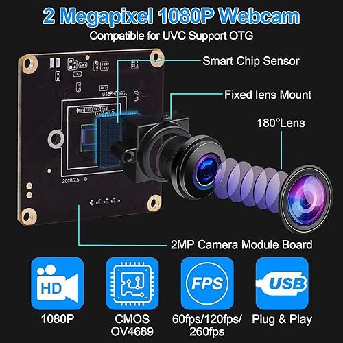 Miniatura 9 de Módulo de cámara USB de alta velocidad 60fps 120fps 260fps Webcam con lente ojo de pez de 180 grados Full HD 1080P Cámara web de computadora gran