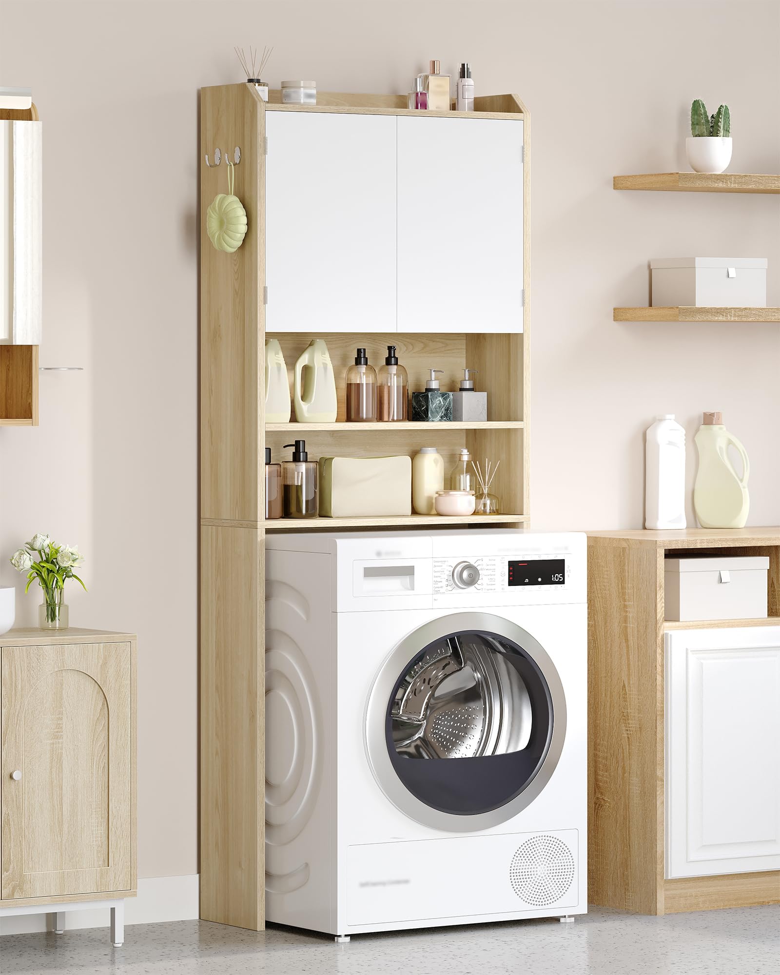 Hzuaneri Mobile lavatrice,24 x 65 x 185cm, Rip. regol.,Bianco-Rovere | 2 ripiani apribili, Mobile sopra lavatrice, Stile moderno minimalista, Porta WC doppia anta, LR65031X