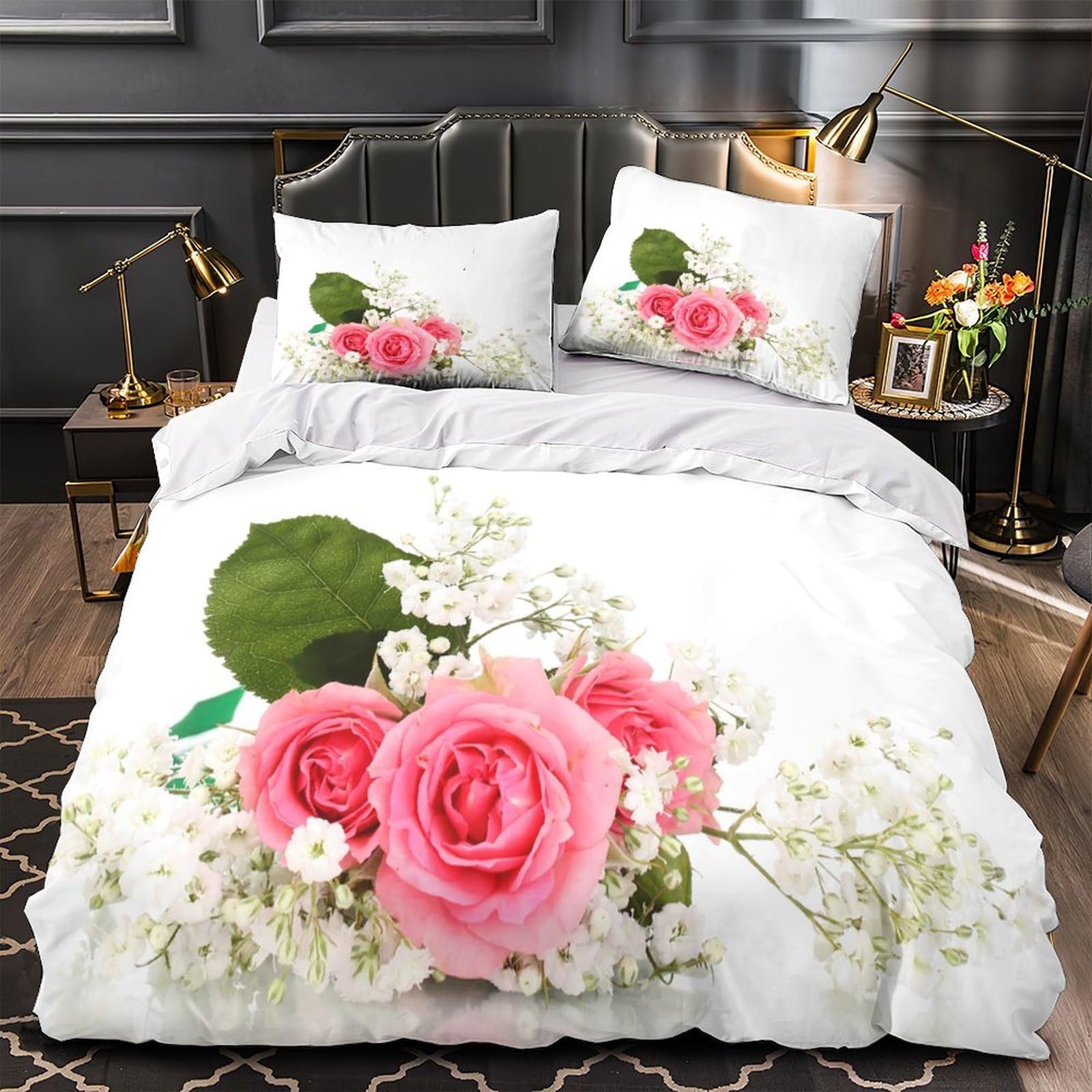 Housse de couette roses 3D en microfibre 135x200 cm avec taie d'oreiller pour lit simple