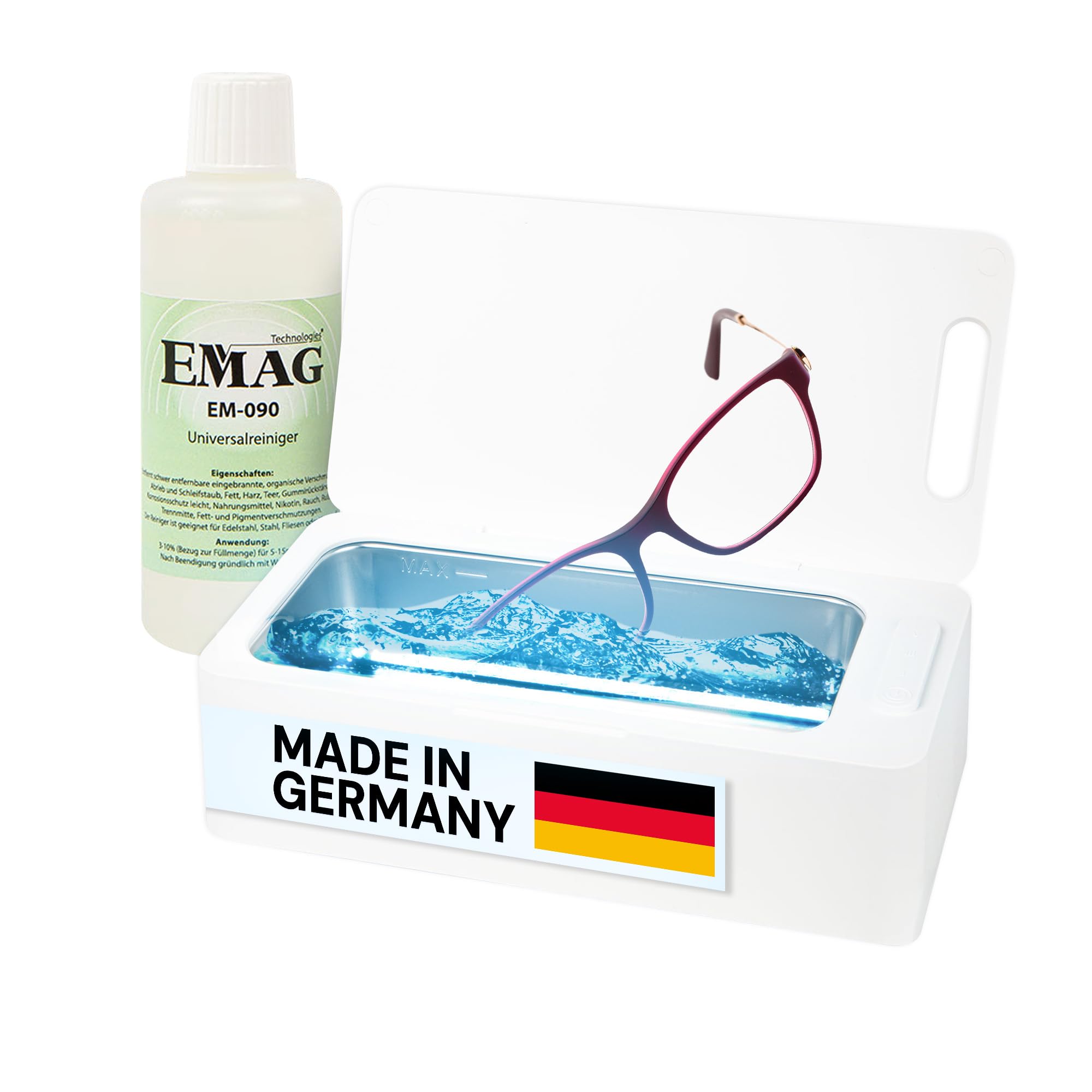 EMAG Emmi-03D myjka ultradźwiękowa z wanną ze stali nierdzewnej 0,45 l – programator czasowy 1-3-5 min i w zestawie uniwersalny środek czyszczący EM-090 100 ml, cichy i wydajny – biały