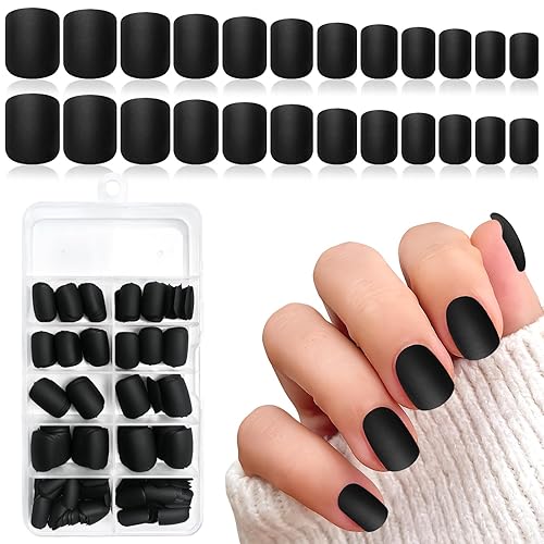 LuckForever 240 uñas postizas cuadradas a presión, uñas postizas cortas, color negro, mate, uñas postizas cortas a presión, uñas postizas cuadradas,