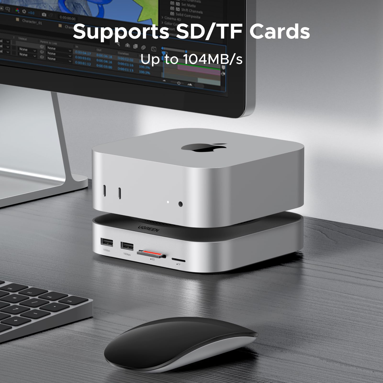 UGREEN Dock & Stand for Mac mini M4/ M4 Pro with NVMe SSD Enclosure, 3 USB A 10Gbps, USB C Data Port, SD Card Reader, Silver