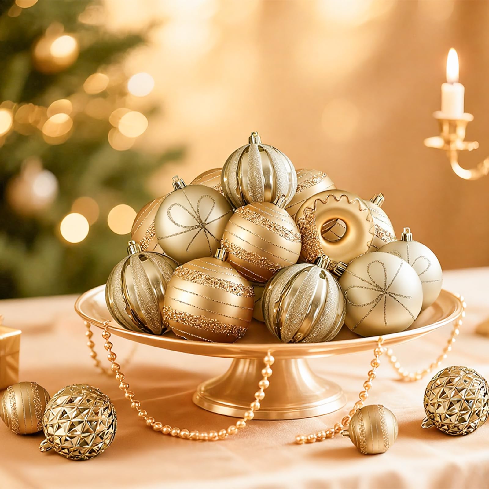 Shareconn 70pcs Christmas Ball Set - Ornements en Plastique incassable, Rubans et décorations pour Le Sapin - Parfait pour Les fêtes de Fin d'année et Les Mariages, Champagne Gold