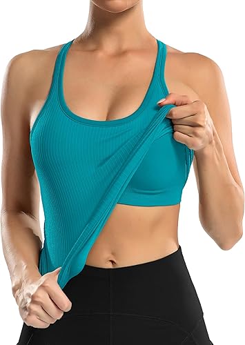 Miniatura 4 de ATTRACO - Camisetas sin mangas acanaladas de entrenamiento para mujer con brasier incorporado, con espalda cruzada y cuello redondo deportivo