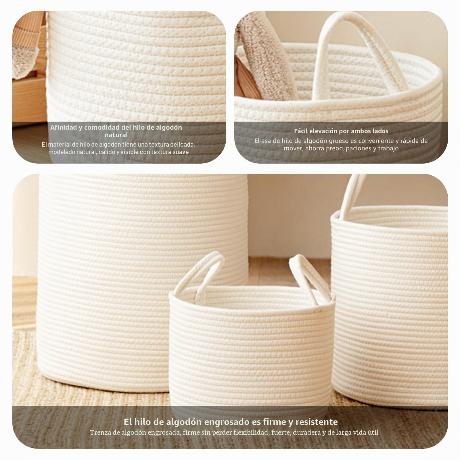 Cesta de almacenamiento beige, cesta redonda de cuerda de algodón, cesta para ropa sucia, caja de almacenamiento, adecuada para juguetes, mantas, ropa sucia, pequeñas cosas, aperitivos (Beige, M)
