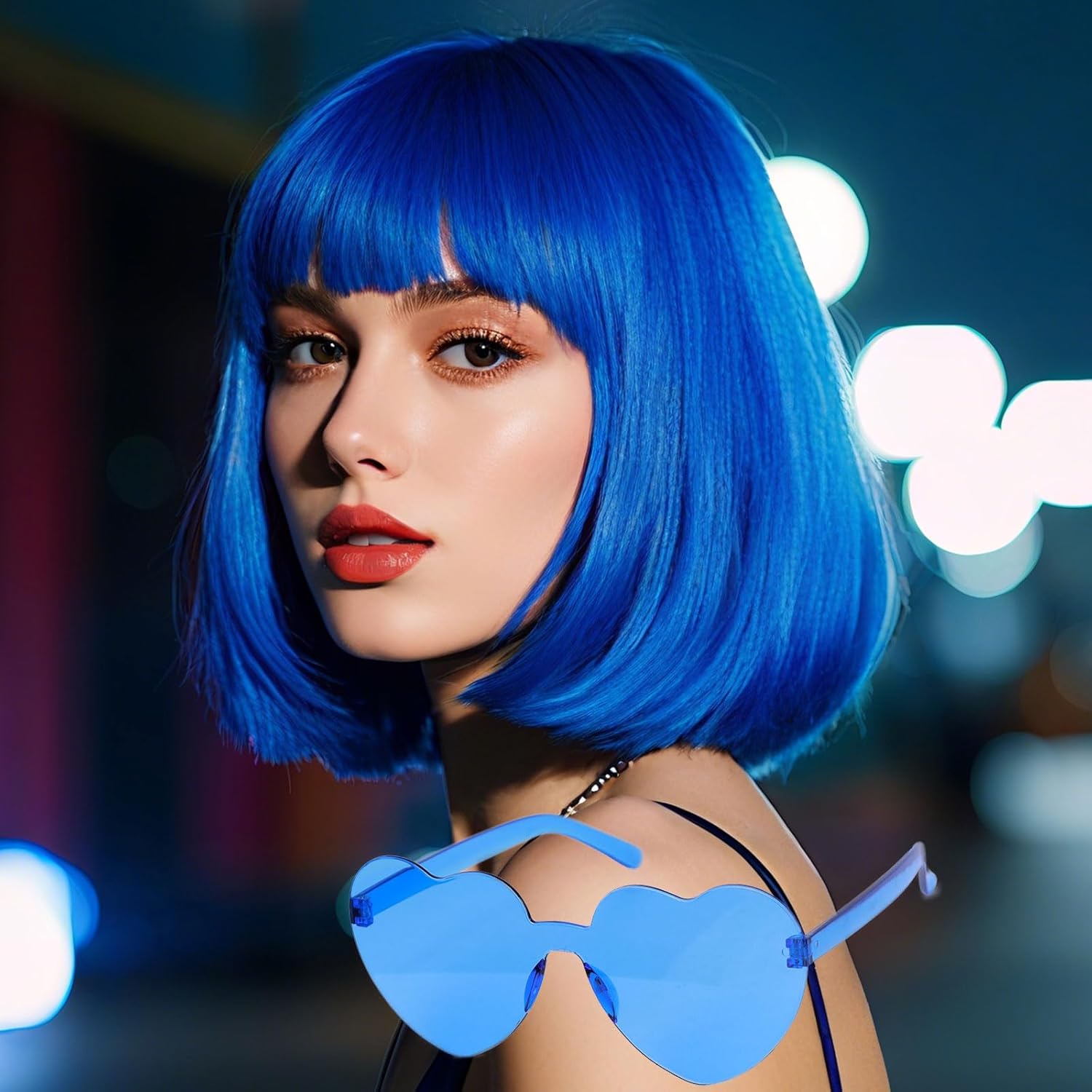 Blue Bob Wig + Sunglasses + Free Wig Cap for Women Short Straight Bob Wig with Bangs Heat Resistant Synthetic Colorful Funny Wig for Party Cosplay Costume Halloween Use (12 Inch) Dark Blue