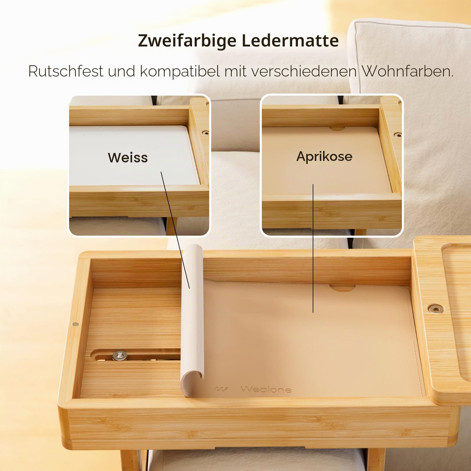 Wealone Mini Sofatablett, Couch Ablage für Armlehne mit Aufbewahrungsbox, Sofa Armlehnen Tablett, 360° Drehbarem Handyhalter, Bambus Tablett für Getränke, Snack, Armlehne ≤18 cm Breit