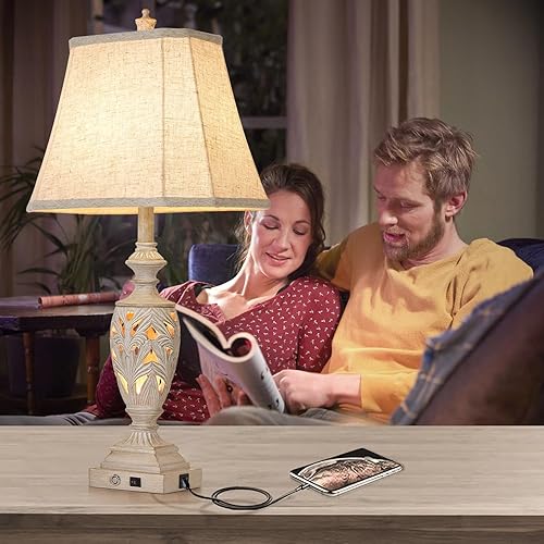 Miniatura 5 de Juego de 2 lámparas de mesa tradicionales con control táctil de 29.5 pulgadas de alto, lámparas de mesita de noche vintage con puertos USB duales,