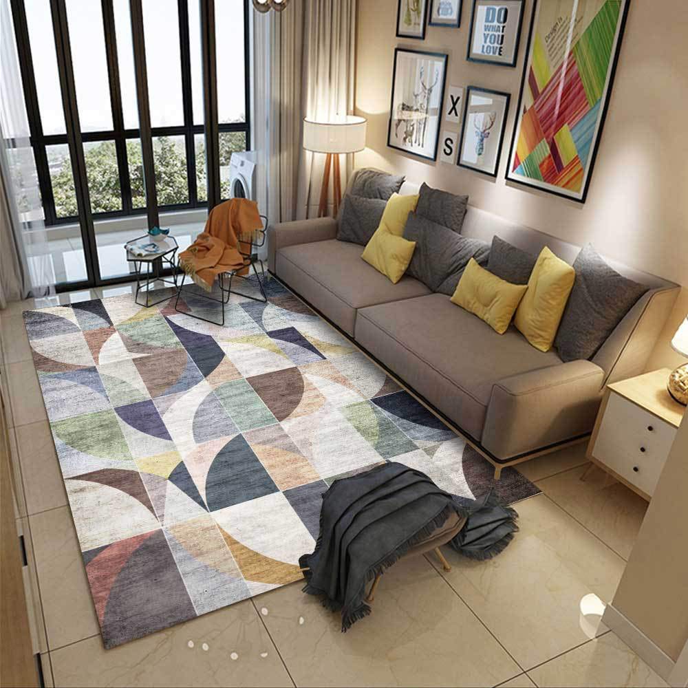 Dywany Salon Dywan Retro Geometryczny Niebieski Brązowy Antypoślizgowy XXL Bardzo Duży Średni Wystrój Domu Dywan Podłogowy 140 x 200 cm (55 cali x 79 cali)